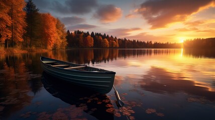 Obraz premium boat in small lake, fall, sunset, landscape photography, generative ai