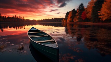 Fototapeta premium boat in small lake, fall, sunset, landscape photography, generative ai