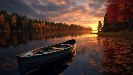 Fototapeta premium boat in small lake, fall, sunset, landscape photography, generative ai