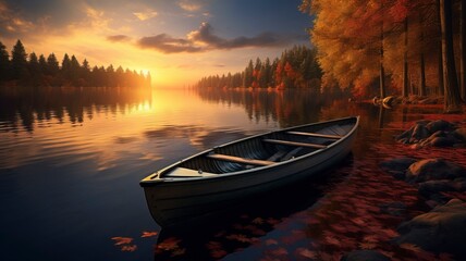 Fototapeta premium boat in small lake, fall, sunset, landscape photography, generative ai