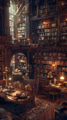 An ancient library filled with magical tomes and artifacts. Tall wooden shelves stretch up to a vaulted ceiling, with ladders sliding along the shelves. The library is dimly lit by candles and lantern