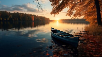 Fototapeta premium boat in small lake, fall, sunset, landscape photography, generative ai