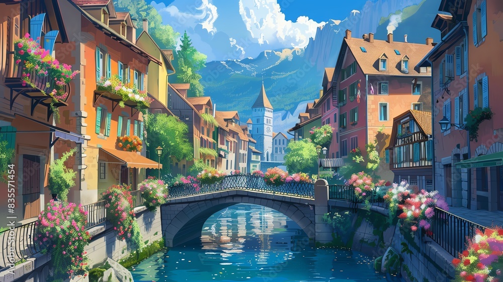 Wall mural a picturesque town with colorful buildings, a bridge over a canal, and a mountain backdrop. flowers 