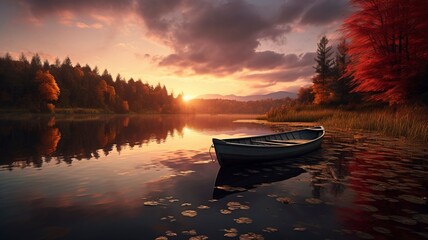 Fototapeta premium boat in small lake, fall, sunset, landscape photography, generative ai