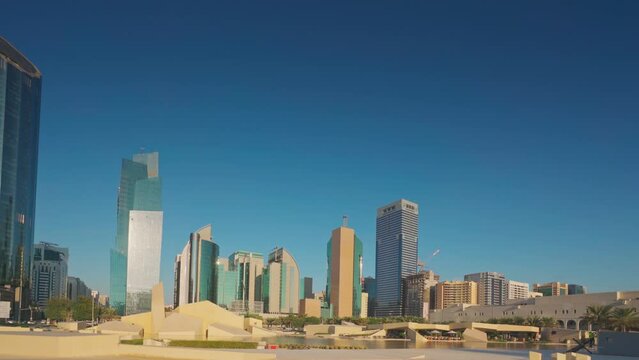 Abu Dhabi, United Arab Emirates - Jan 10 2024, 4k, Panoramic view of the square with the Al Musallah public space, built by the CEBRA, with skyscrapers in background, Abu Dhabi, United Arab Emirates 