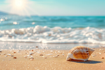Seashell on a summer beach, capturing the essence of a trip, with an animal present and abundant copy space for vacation-themed content
