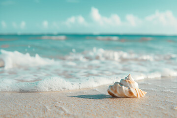 Seashell on a summer beach, perfect for a vacation trip, featuring a coastal animal and ample copy space for text or design