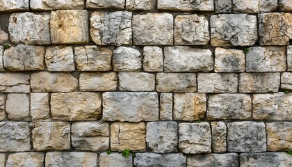Fototapeta premium Ancient Stone Wall of 18th Century Castle: Weathered and Cracked Bricks, Historic Fortress Close-Up Texture, Different Shapes And Sizes, Hand Crafted Stones, Stone, Timeless Limestone Wall