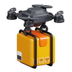 Drone carrying cardboard box package isolated. Delivery, shipping, transportation and Logistics icon concept. 3d Render illustration.