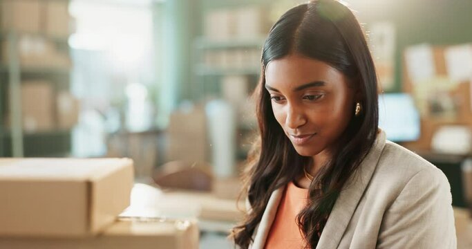 Package, scanning and woman for online order service, ecommerce and small business owner. Retail, supply chain and shipping merchandise, CCD reader and boxes for cargo and seller with inventory