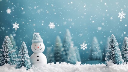 Obraz premium Snowman and snowflakes in a forest of pine trees, on icy blue background, generative AI.
