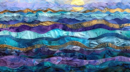 A fabric art of an ocean with waves, with layers and shades in blues, purples, and golds, created with alcohol ink and metallic threads, very detailed