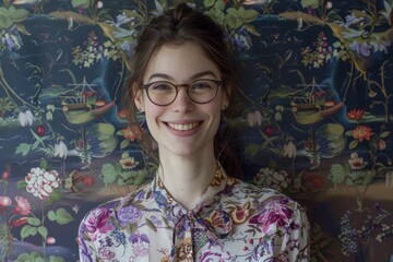 Woman with Glasses and Floral Shirt. Generative AI.