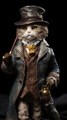 Fototapeta premium realistic cat as a detective Sherlock Holmes style smoking pipe British, generative ai
