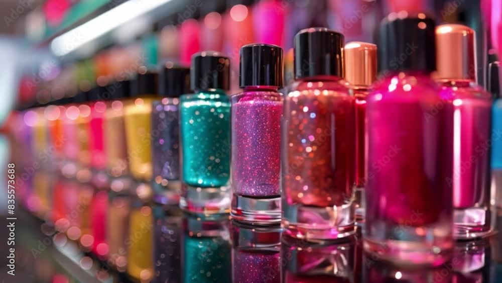 Poster A close-up image of several colorful nail polish bottles displayed on a shelf in a store, with a blurred background of more bottles.