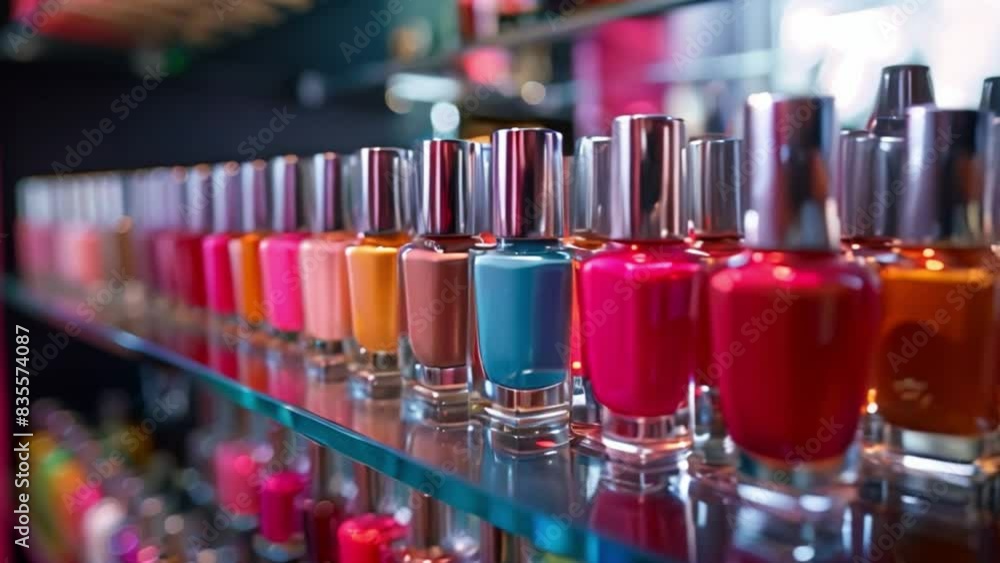 Poster A close-up shot of a shelf displaying colorful nail polish bottles, with the bottles arranged in a row.