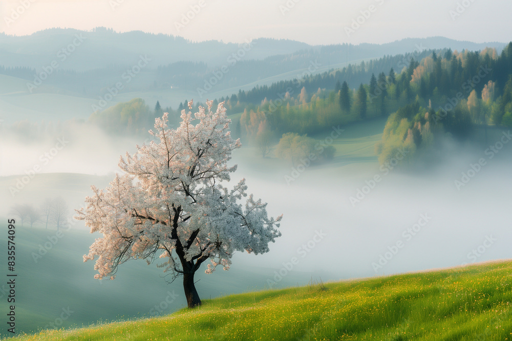 Wall mural beautiful spring in landscape. foggy summer morning in the mountains. blooming tree on the hill with - Wall murals