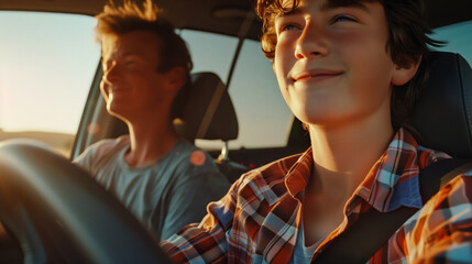 Dad teaches his young, happy schoolboy son how to drive a car. The scene is fun and carefree. Driving instructor