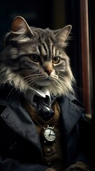 realistic cat as a detective Sherlock Holmes style smoking pipe British, generative ai