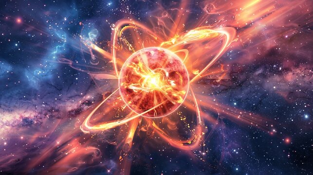 An illustration of an atom splitting with energy waves radiating outwards, set against the backdrop of a distant galaxy.