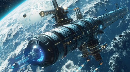 An image of a futuristic space station orbiting a planet, with visible molecular and atomic research labs.