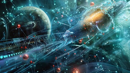 A depiction of interstellar travel with a spaceship surrounded by visualizations of atomic and molecular data being collected.