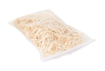 Wood shavings in zip bag isolated on white