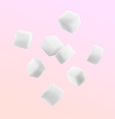 Refined sugar cubes in air on color background