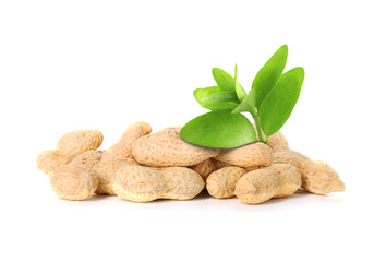 Unpeeled peanuts and leaves isolated on white
