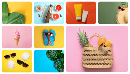 Collage with ice cream, tropical leaves and beach accessories. Summertime, banner design