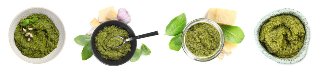 Set of fresh pesto sauce isolated on white, top view