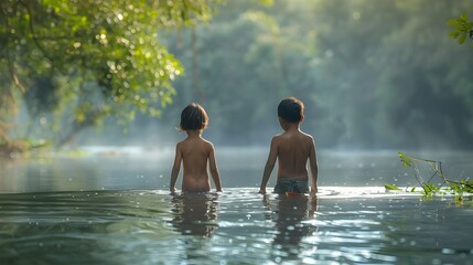 Two young explorers wading in serene tropical waters surrounded by natural beauty