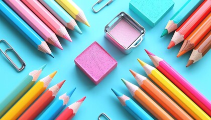 Naklejka premium Illustrate a flat lay of bright erasers, a sharpener, and colorful pencils