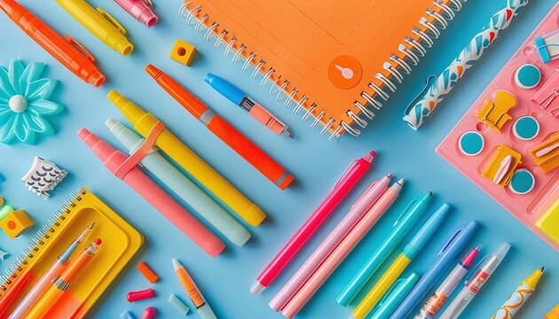 Create a flat lay of a backtoschool planner with colorful stickers and pens
