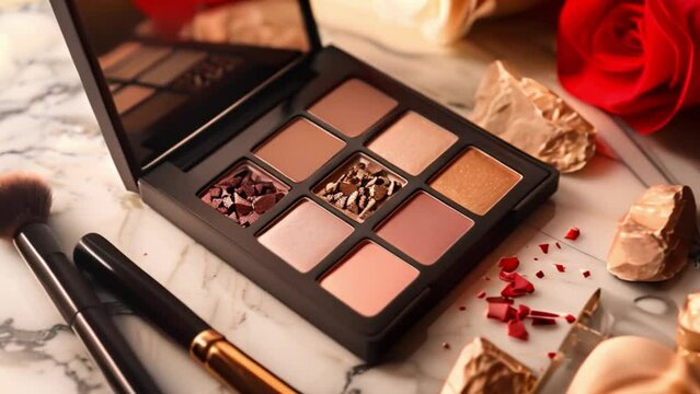 A close-up of an open eyeshadow palette with a variety of neutral shades, along with two makeup brushes on a marble surface.