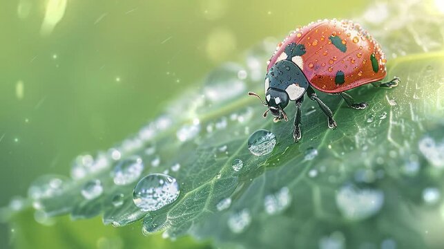 Close up beautiful lady bug on the leaves with dew under the morning sunlight in the garden. Video background wallpaper for biological diversity world day, environmental world day, world conservation	