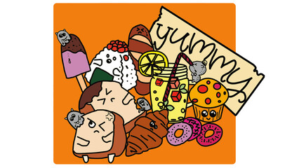 2D, doodles, animations, food and drink, with the words 