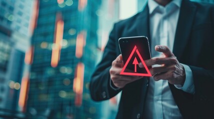 A man is looking at his cell phone with a red triangle on it.