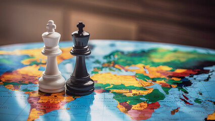 Geopolitics concept image with two chess pieces on a world map representing geopolitical discussion and movement between countries and continents
