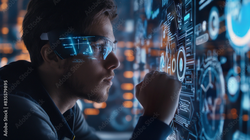 Poster cyber security expert ethical hacker working on cyber security using futuristic augmented reality te