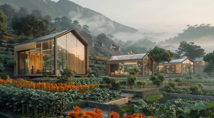 A rendering of small wooden modern houses with glass windows and transparent roofings, surrounded by vegetable gardens in the mountains. 
