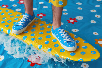 Blue Canvas Sneakers on a Yellow Surfboard With a Blue and White Pattern