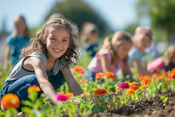 Young Gardeners Beautifying with Flowers