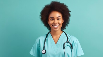 Young african american doctor woman over isolated background with a happy and cool smile on face. Lucky person, one Color background , copy space, generative ai