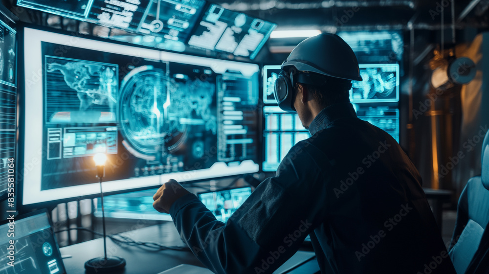 Poster cyber security expert ethical hacker working on cyber security using futuristic augmented reality te