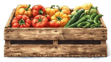 A wooden crate with vegetables, isolated against a white or transparent PNG background.