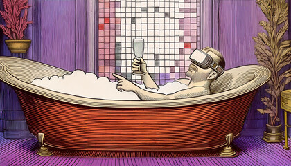 Man wearing virtual glasses toasts with a glass of champagne at the bath tub