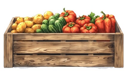 A wooden box containing vegetables isolated on a white or transparent PNG background.