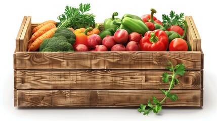 A wooden box of vegetables, isolated on a white or transparent PNG background.