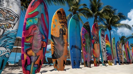 Fototapeta premium Colorful Surfboards Closeup on Beach Summer Vacation Sport Wave Surfing